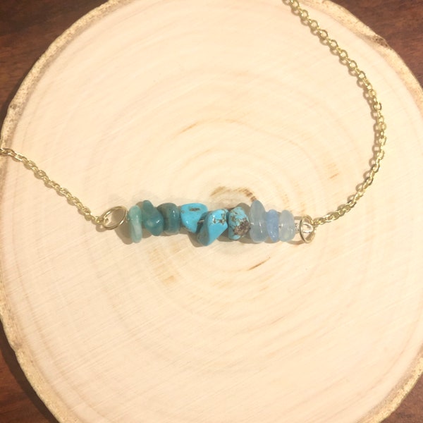 Throat Chakra: Crystal Healing Horizontal Bar Necklace, Bracelet, or Anklet with Turquoise, Azurite, Amazonite