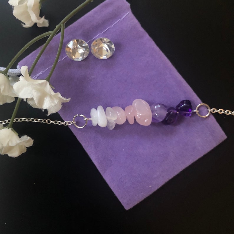 Anti-Anxiety: Crystal Healing Horizontal Bar Necklace, Bracelet, or Anklet with Moonstone, Rose Quartz, Amethyst 
