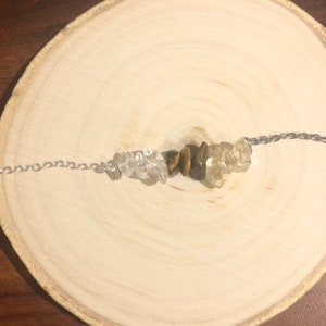 Concentración y memoria: collar, pulsera o tobillera con barra horizontal de curación con cristales de cuarzo transparente, ojo de tigre y citrino