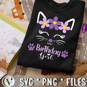 Katze Geburtstagskind svg, Kitty Katze Geburtstagskind svg, Katze mit Blumen svg, süße Katze Gesicht svg, Geburtstagskind svg, Geburtstagskatze svg, süßes Kätzchen Bild 2