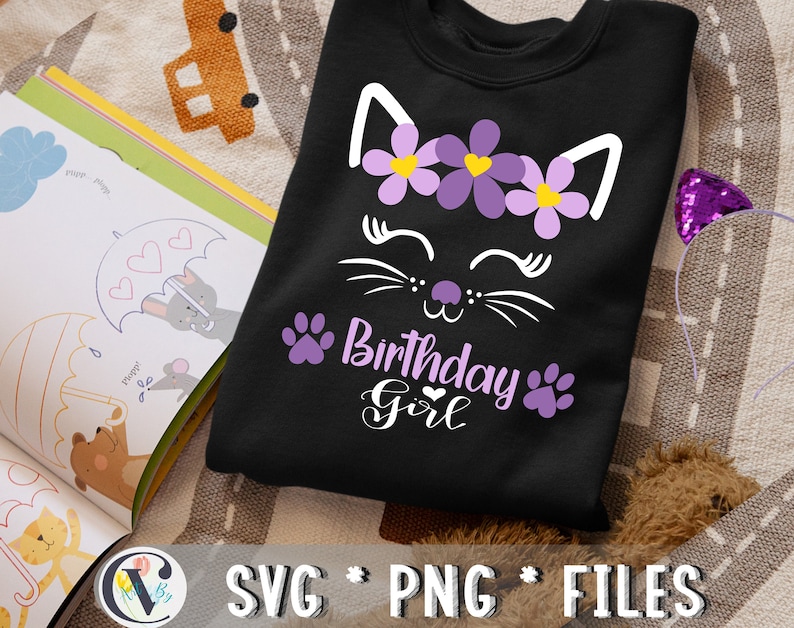 Katze Geburtstagskind svg, Kitty Katze Geburtstagskind svg, Katze mit Blumen svg, süße Katze Gesicht svg, Geburtstagskind svg, Geburtstagskatze svg, süßes Kätzchen Bild 2