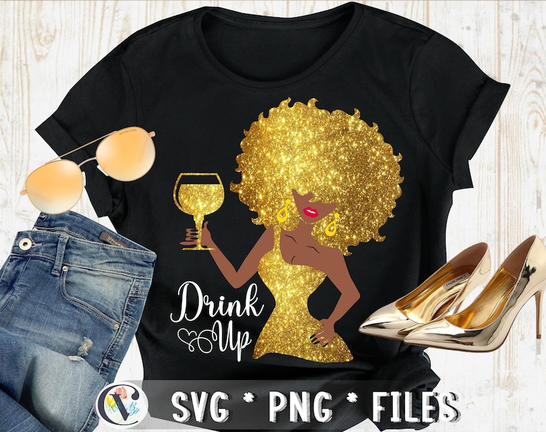 May include: Black t-shirt with a gold glitter design of a woman with a glass of wine and the text "Drink Up".