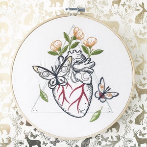 Anatomical Heart PDF Embroidery Pattern | Heart and Butterflies Embroidery pdf | Heart & Flowers Embroidery Design