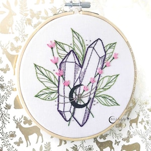 Crystal pdf Embroidery Pattern | Hand Embroidery pdf Pattern | Crystal Embroidery Design with Flowers | Witchy Things  | Wiccan Embroidery