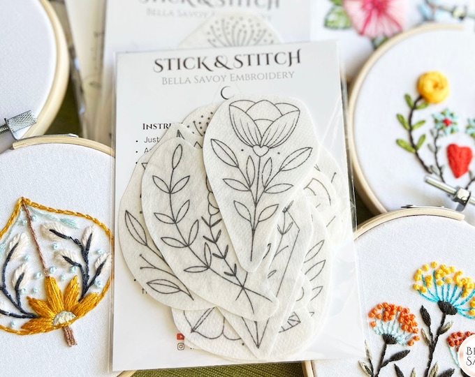Floral Stick and Stitch Embroidery Pack of 18 Stick and