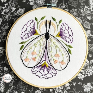 Moth & Flower Embroidery Pattern pdf | Butterfly Embroidery pdf Pattern | Hand Embroidery Pattern | Floral Embroidery Pattern | Hoop Art