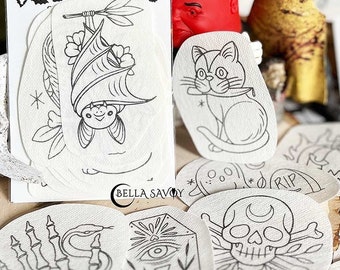 Halloween Stick and Stitch Embroidery Pack of 15 | Stick and Stitch Embroidery for Beginners | Stick on Embroidery Pattern Transfer Patch