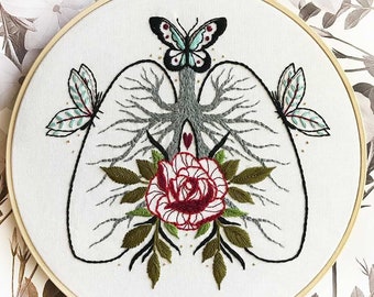 Lungs Embroidery Pattern PDF | Lungs & Rose Embroidery pdf Pattern | Anatomy Embroidery | Modern Embroidery | Lungs and Butterfly Embroidery