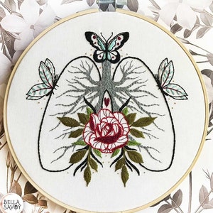 Lungs Embroidery Pattern PDF | Lungs & Rose Embroidery pdf Pattern | Anatomy Embroidery | Modern Embroidery | Lungs and Butterfly Embroidery