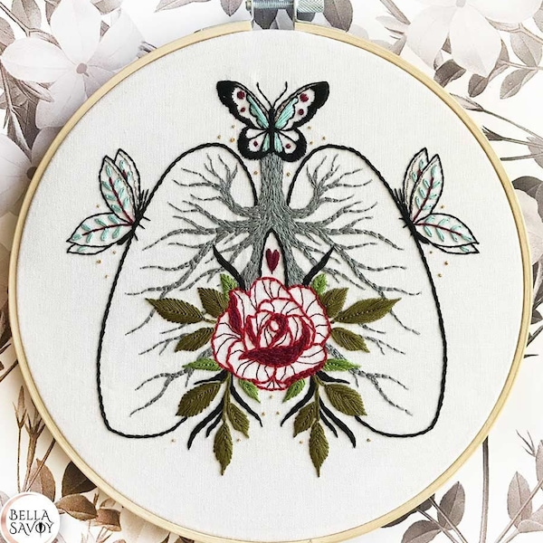 Lungs Embroidery Pattern PDF | Lungs & Rose Embroidery pdf Pattern | Anatomy Embroidery | Modern Embroidery | Lungs and Butterfly Embroidery