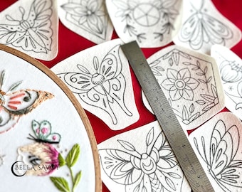 Moths & Floral Stick and Stitch Embroidery Designs  | Stick and Stitch Embroidery Pattern Transfer Patch | Moths Butterflies Flowers Design