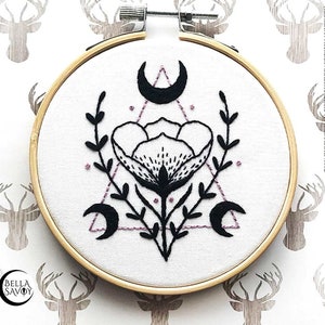 Wiccan Floral Embroidery PDF Pattern | Hand Embroidery Pattern PDF, Magical Crescent Moon & Floral Witchy Art Embroidery Pattern for 4"hoop