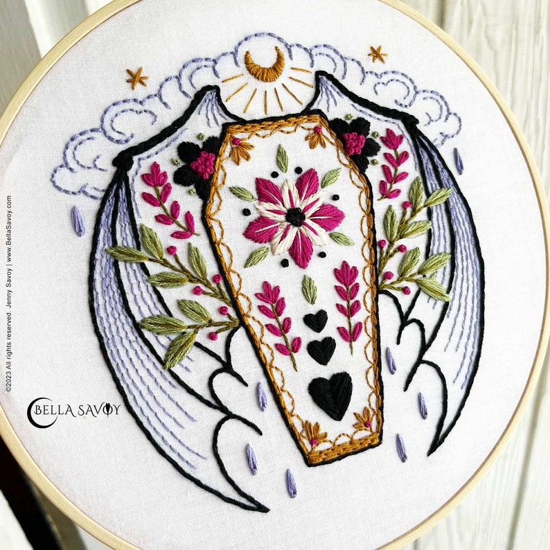 Cute Coffin Embroidery PDF Pattern Wiccan Embroidery Pattern PDF Coffin Bat Wings Flower Hand Embroidery Pattern Halloween Embroidery image 10