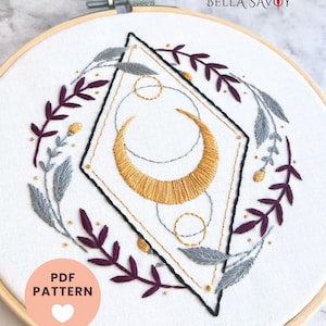 Hand Embroidery Pattern with Laurels and Moon | Easy Modern Embroidery Design for Beginners — Mystical & Magical