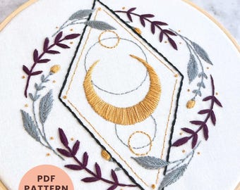 Hand Embroidery Pattern with Laurels and Moon | Easy Modern Embroidery Design for Beginners — Mystical & Magical