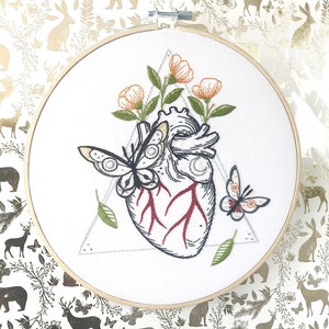 May include: Embroidered hoop art featuring a detailed anatomical heart with red veins, surrounded by delicate orange flowers and two butterflies. The heart is set within a triangle.