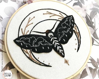 Wiccan Moth Embroidery Pattern pdf | Moth & Rain Clouds with Crescent Moon Embroidery pdf Pattern | Felt Applique Modern Embroidery Design