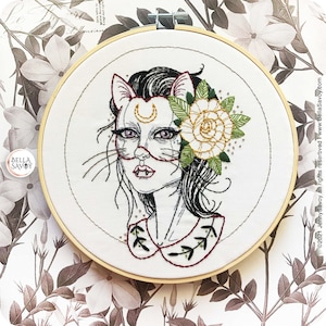 Cat Girl Embroidery pdf Pattern | Girl Cat Mask pdf Embroidery Pattern | Feminine Halloween Embroidery | Hand Embroidery | Modern Embroidery