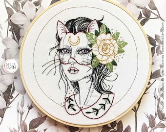 Cat Girl Embroidery pdf Pattern | Girl Cat Mask pdf Embroidery Pattern | Feminine Halloween Embroidery | Hand Embroidery | Modern Embroidery