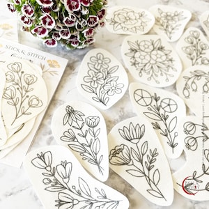 15 Stick and Stitch Flower Embroidery Designs, Stick and Stitch Embroidery for Beginners, Stick on Embroidery Pattern Transfer Patch