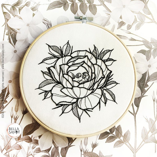 Rose & Skull Floral Embroidery pdf Pattern | Line Art Embroidery Pattern PDF | Skull Embroidery | Goth Embroidery | Hand Embroidery Pattern