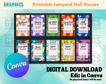 Printable Hall Passes **DIGITAL DOWNLOAD**, Canva template, elementary, middle school, high school, classroom decor, teacher, lanyard pass