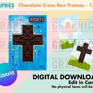 May include: Digital download of two printable frames featuring a chocolate cross with a Happy Easter message and a blue and white background. The frames are 1.8 oz and can be edited in Canva.