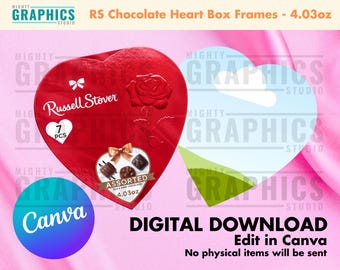 Chocolate Heart Label Template for 4.03oz RS editable treat box Canva frame large candy heart custom valentine gift for teachers