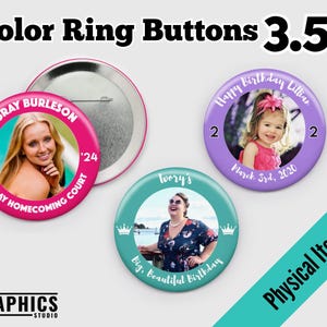 Custom Photo Button 3.5" simple happy birthday button personalized name badge wedding bachelorette guest pin themed party favors colorful
