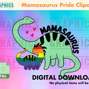 Pode incluir: Um download digital de um dinossauro Mama-saurus verde com listras pretas e um bebê dinossauro arco-íris. O Mama-saurus está segurando o bebê dinossauro em seus braços. O texto "Mamasaurus" está escrito em uma fonte de listras pretas e brancas no corpo do Mama-saurus. O fundo é um degradê de rosa, roxo e azul.
