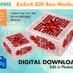 以下が含まれることがあります： 赤いリボンが付いた白いギフトボックスのモックアップ。ボックスは8インチ×8インチ×4インチです。ボックスはすべての面に「デザインデザイン」とラベル付けされています。