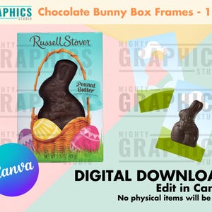 Può includere: Download digitale di cornici stampabili con un coniglietto di cioccolato ripieno di burro di arachidi. Le cornici sono progettate per essere utilizzate con un coniglietto di cioccolato Russell Stover da 1,5 once. Le cornici sono in uno schema di colori pastello con uno sfondo verde, blu e rosa. Le cornici sono progettate per essere modificate in Canva.