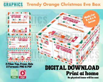 Christmas Eve printable label for Gift Box 8x8x4 unique trendy xmas box orange themed retro groovy gift labels for treat boxes and snacks