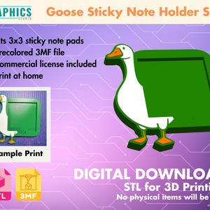 May include: A digital download for a goose-shaped sticky note holder. The design features a white goose with a green note holder. The text says "Goose Sticky Note Holder STL" and "DIGITAL DOWNLOAD STL for 3D Printing".