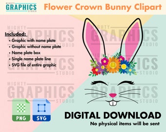 Flower Crown Bunny Clipart, easter PNG, cute rabbit face, girls basket, easter frame SVG, personalized gifts, sublimation, vinyl, monogram