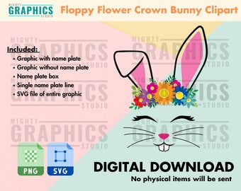 Floppy Flower Crown Bunny Clipart, easter PNG, cute rabbit face, name tag basket, frame SVG, personalized gifts, easter tote bag