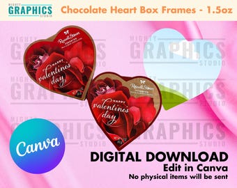 Chocolate Heart Label Template for 1.5oz RS editable treat box Canva frame personalized class set of valentines gift small candy hearts