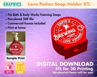 Foaming soap holder stl for foaming 3d printing file valentines cupid love potion decoration for bathroom printable decor hand soap display