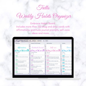 Embrace Habits Trello Planner. Daily Planner. Weekly Planner. Affirmations. Gratitude Journal. Daily Self-care.