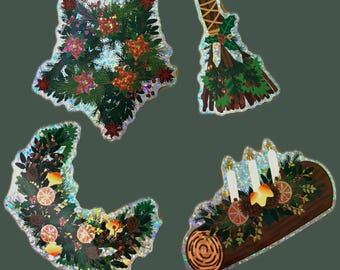 Yule Glitter Greenery and Floral Wreath Stickers Christmas Holiday Stickers, festive witchy vinyl stickers
