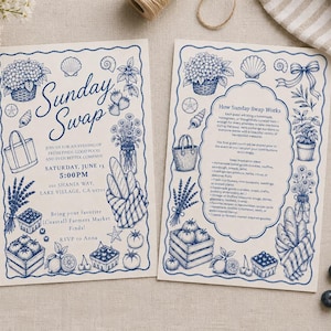 May include: Two cream-coloured invitation cards with blue illustrations and text. The cards read "Sunday Swap" and include details for a farmers market event. Floral and food illustrations decorate the cards.