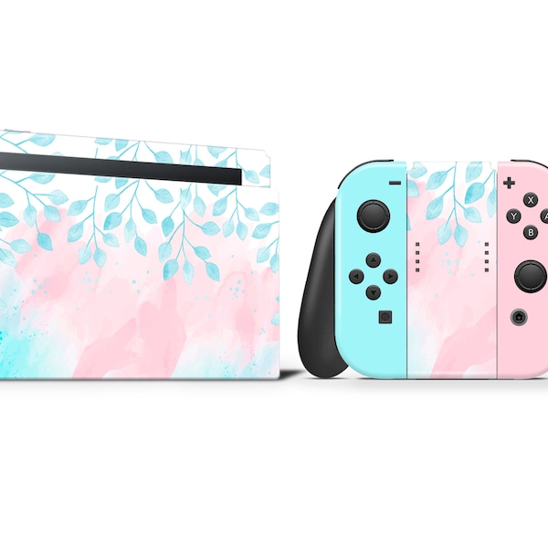 Watercolor Leaves Turquoise and Pink 3M Premium Wrapping Vinyl Full Wrap For Nintendo Switch