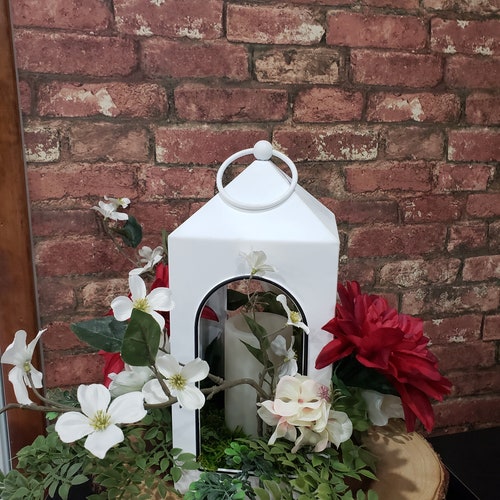 Floral Decorated Lantern with Poppies, Dahlia and Greenery - online LED Candle Included