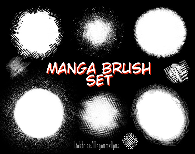 May include: A set of nine black and white manga brush textures. The textures are in the shape of circles, stars, and lines. The text "MANGA BRUSH SET" is in red letters on a black background.