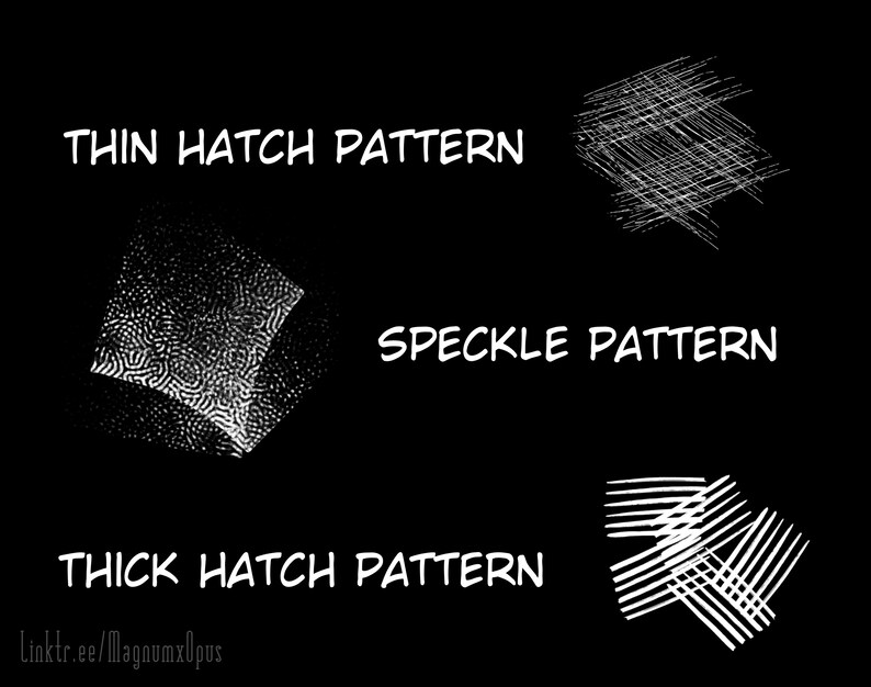May include: A black and white image showing three different types of patterns: thin hatch, speckle, and thick hatch. The text "THIN HATCH PATTERN", "SPECKLE PATTERN", and "THICK HATCH PATTERN" is included in the image.