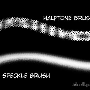 May include: A black and white image showing two different brush strokes. The top stroke is labeled "Halftone Brush" and is made up of small white dots. The bottom stroke is labeled "Speckle Brush" and is made up of a more random pattern of white dots.
