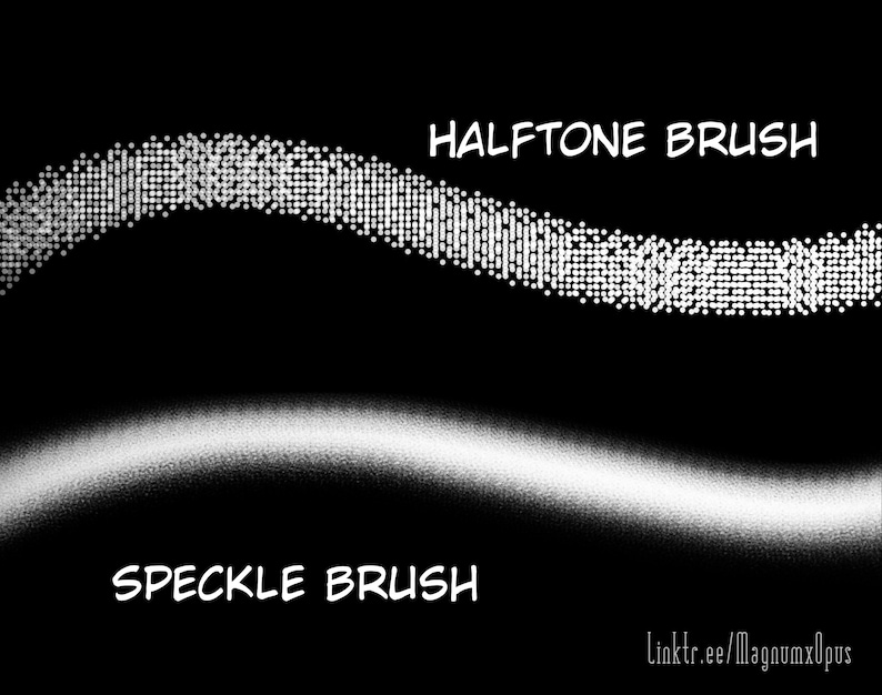 May include: A black and white image showing two different brush strokes. The top stroke is labeled "Halftone Brush" and is made up of small white dots. The bottom stroke is labeled "Speckle Brush" and is made up of a more random pattern of white dots.
