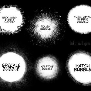 May include: A collection of six different black and white bubble effects. The effects include thick hatch, rough, speckle, halftone, and hatch.
