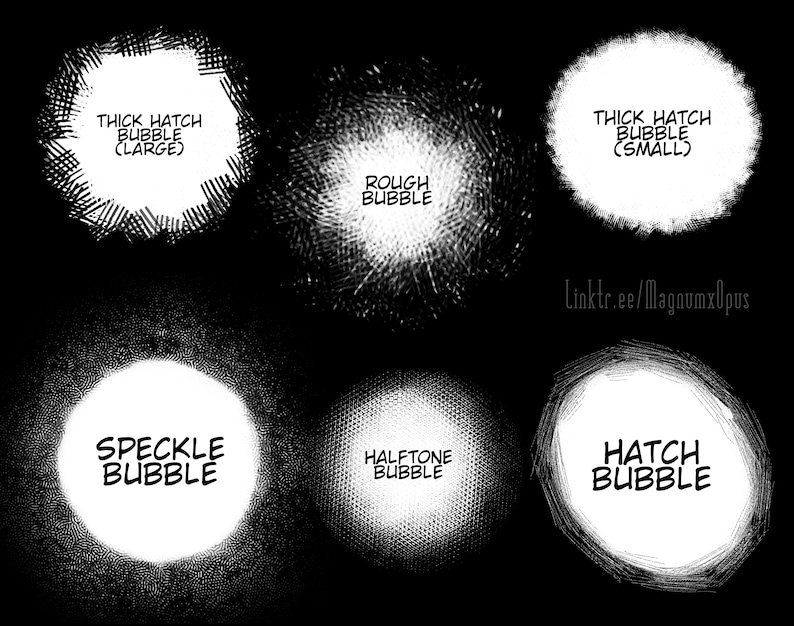 May include: A collection of six different black and white bubble effects. The effects include thick hatch, rough, speckle, halftone, and hatch.