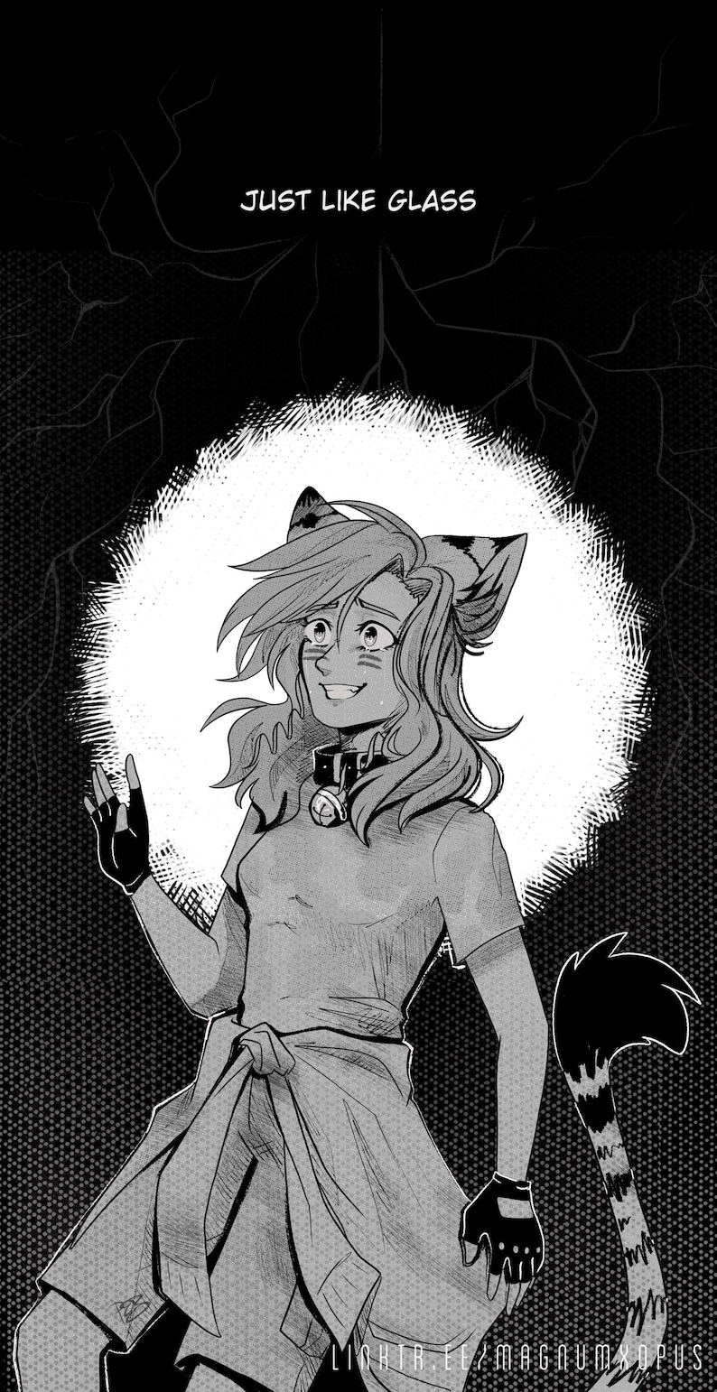 May include: Black and white illustration of a cat-like person with a worried expression. The person is wearing a loose-fitting shirt and pants. The text "JUST LIKE GLASS" is above the person.